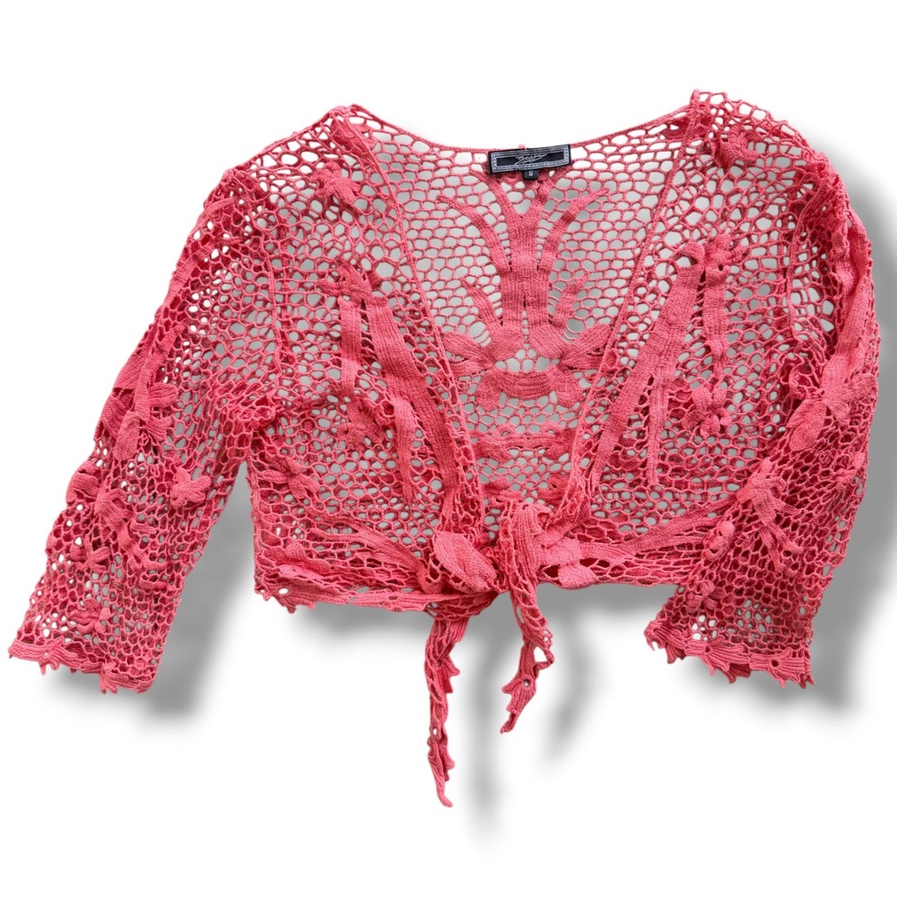 Zashi S Pink Coral Crochet Floral Open Knit Tie Fr Shrug Cardigan Cropped Bolero